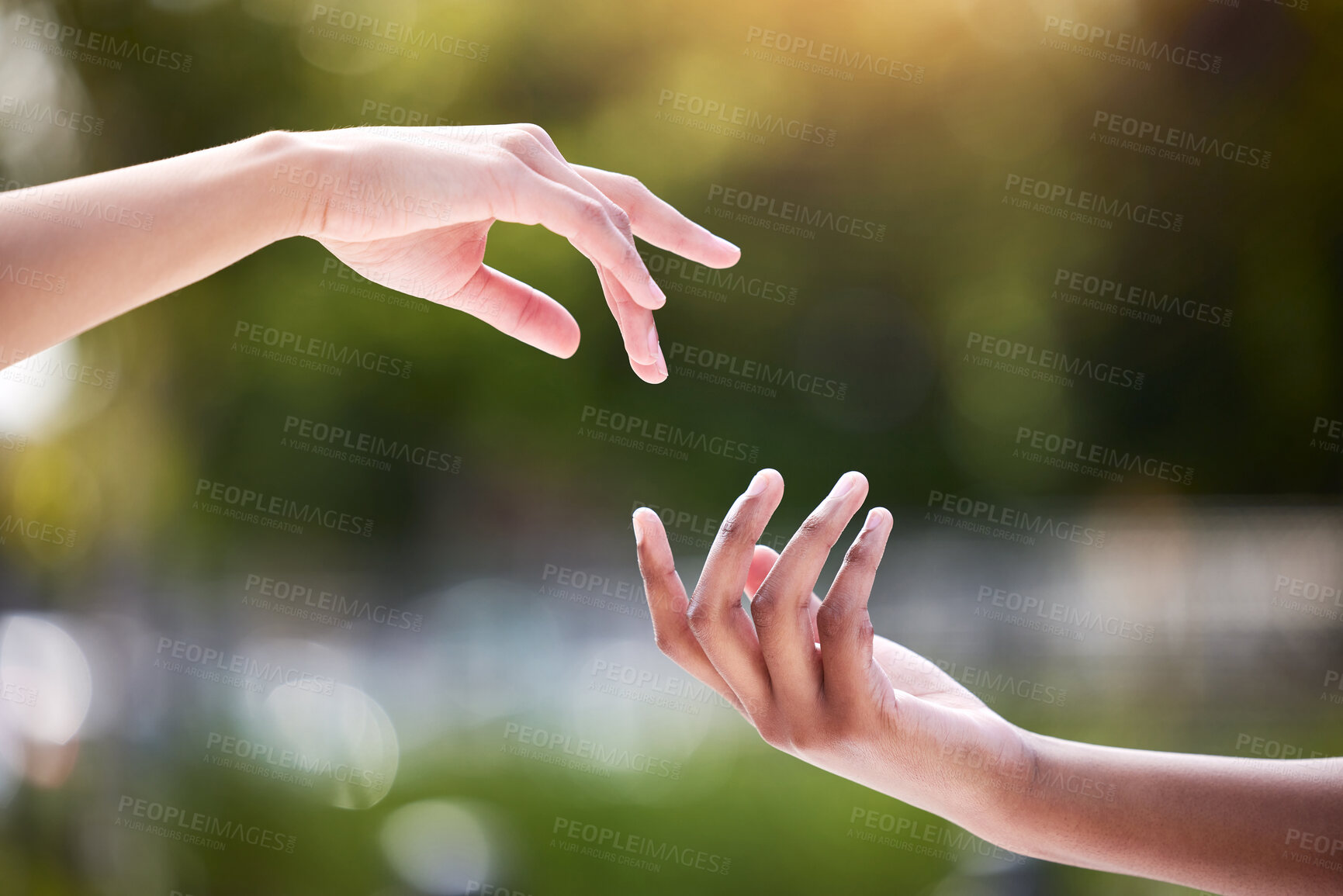 Buy stock photo People, hands and outdoor with reaching for relationship or trust, natural with bokeh for kindness. Palms, fingers and garden with care or together for love, gesture of calm in New York for couple