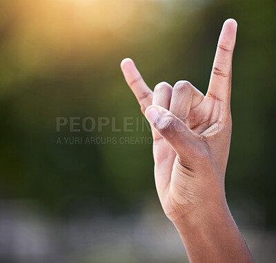 Buy stock photo Shot of an unrecognizable person showing a roll n roll sign with their hands