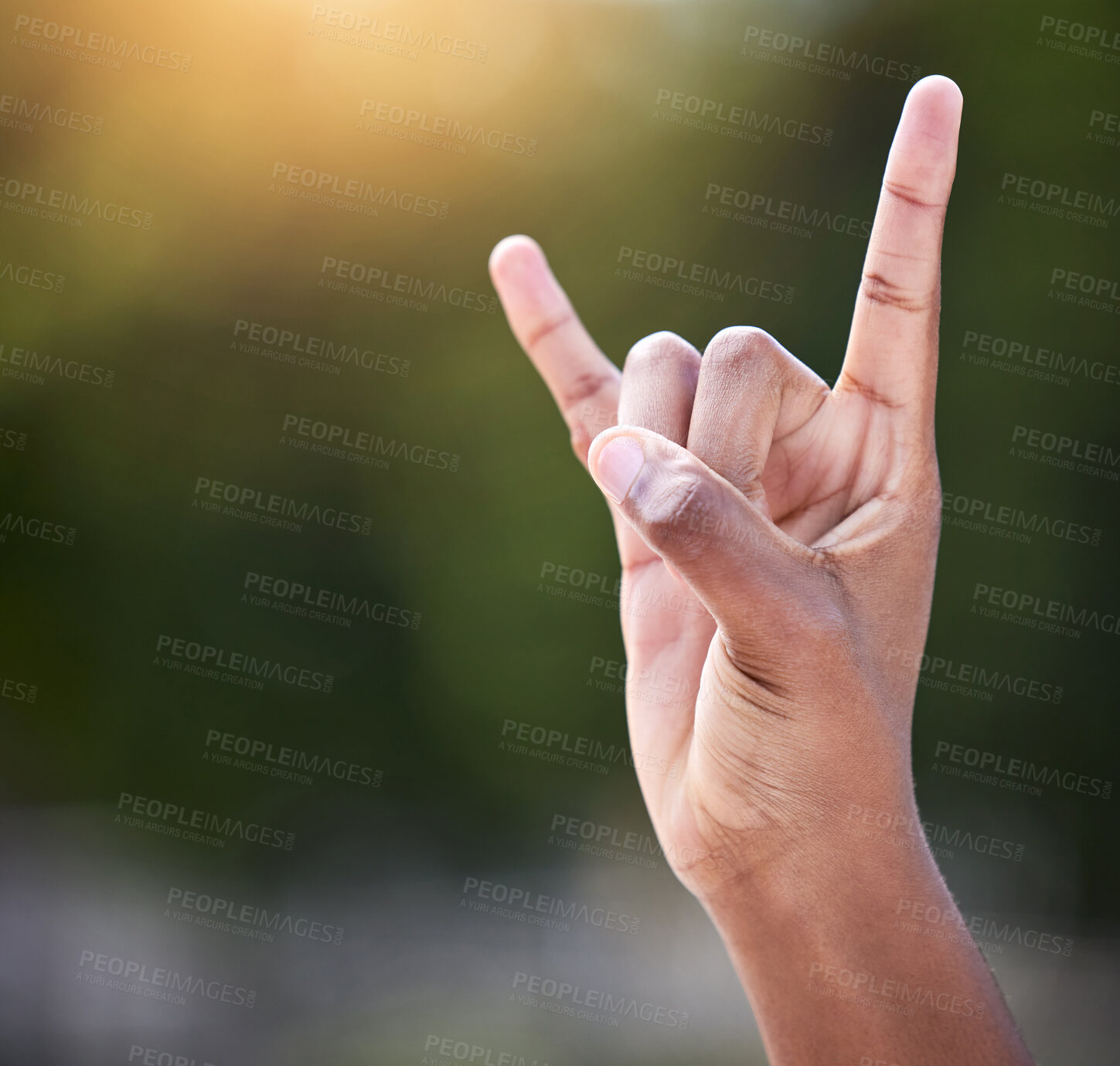 Buy stock photo Space, hand and shaka sign with person as gesture for thank you, greeting and opinion by closeup. Outside, emoji and signal outdoor as symbol for call me, contact and encouragement with mockup