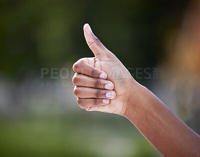 Buy stock photo Thumbs up, hand and gesture with person outside, growth and yes or good news for support or eco friendly approval. Thank you, emoji and agreement for company mission, goal and ok sign for effort