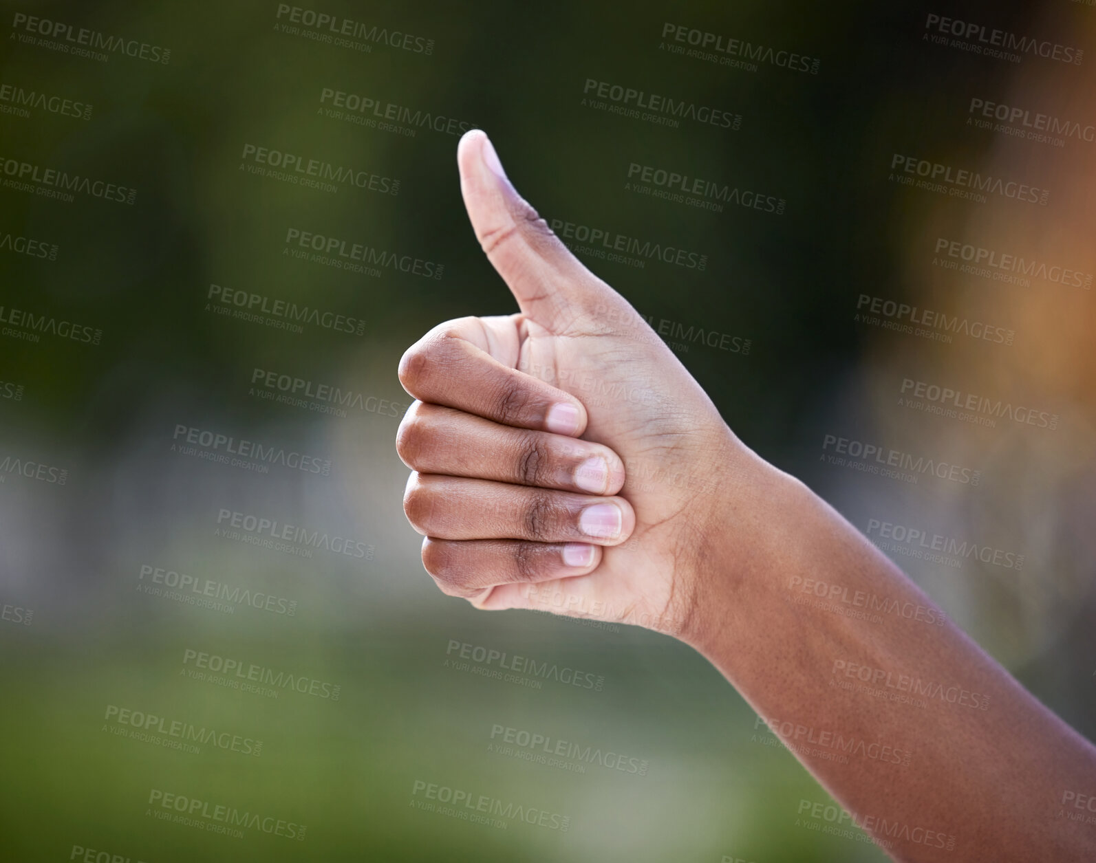 Buy stock photo Thumbs up, hand and gesture with person outside, growth and yes or good news for support or eco friendly approval. Thank you, emoji and agreement for company mission, goal and ok sign for effort