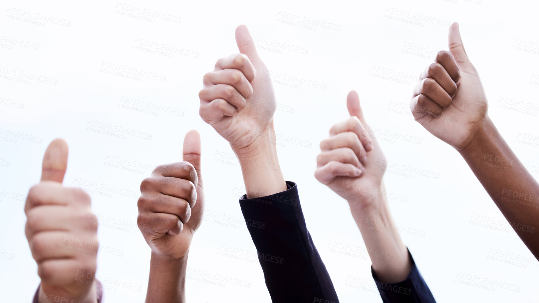 Buy stock photo Thumbs up, diversity and agreement for success, yes or gesture for approval on white background. Hands, business people and teamwork with good job for collaboration, support and emoji for group