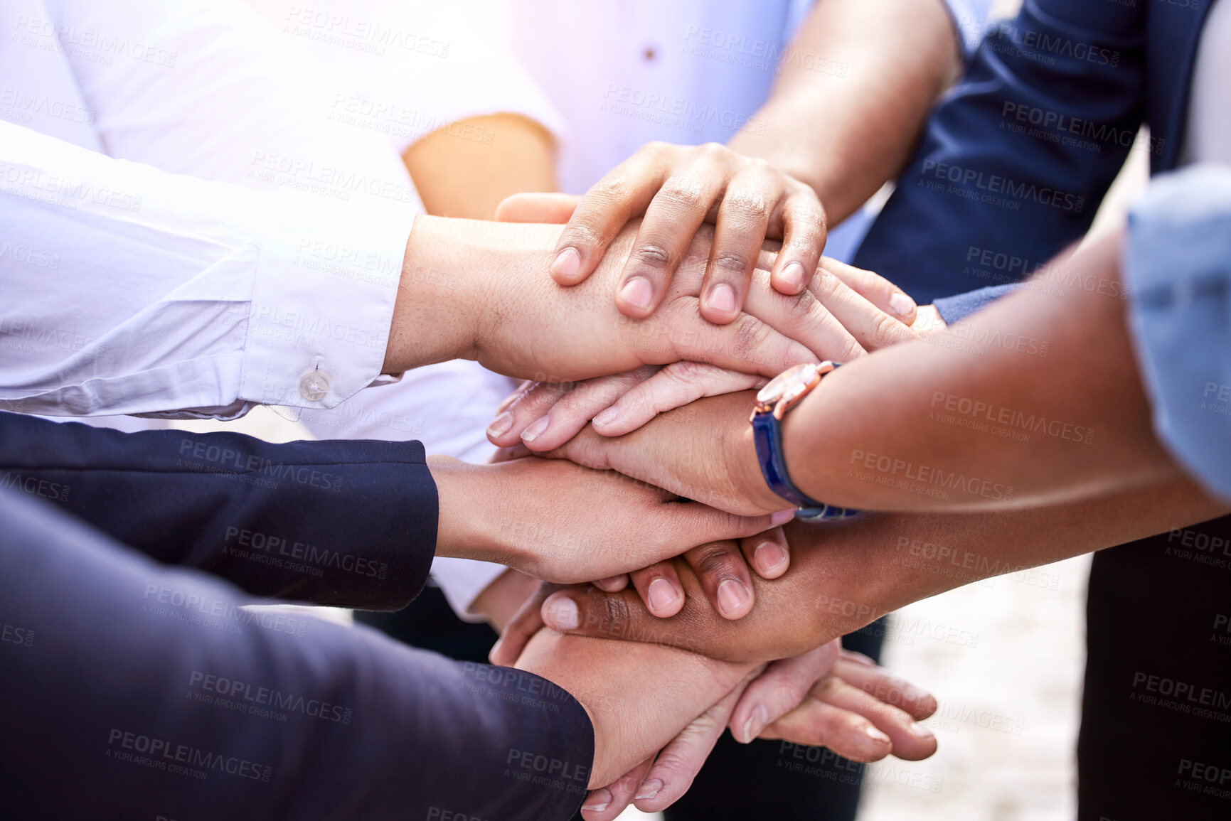 Buy stock photo Business, people and hands in stack outside for support, group and team building together for trust and collaboration. Employee, company goals and our vision with professional, corporate teamwork 