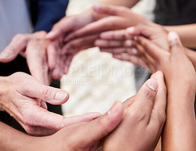 Buy stock photo Business, people and hands in circle synergy, workflow and teamwork collaboration together with group. Integration, support and unity cooperation, professional connection and formation partnership