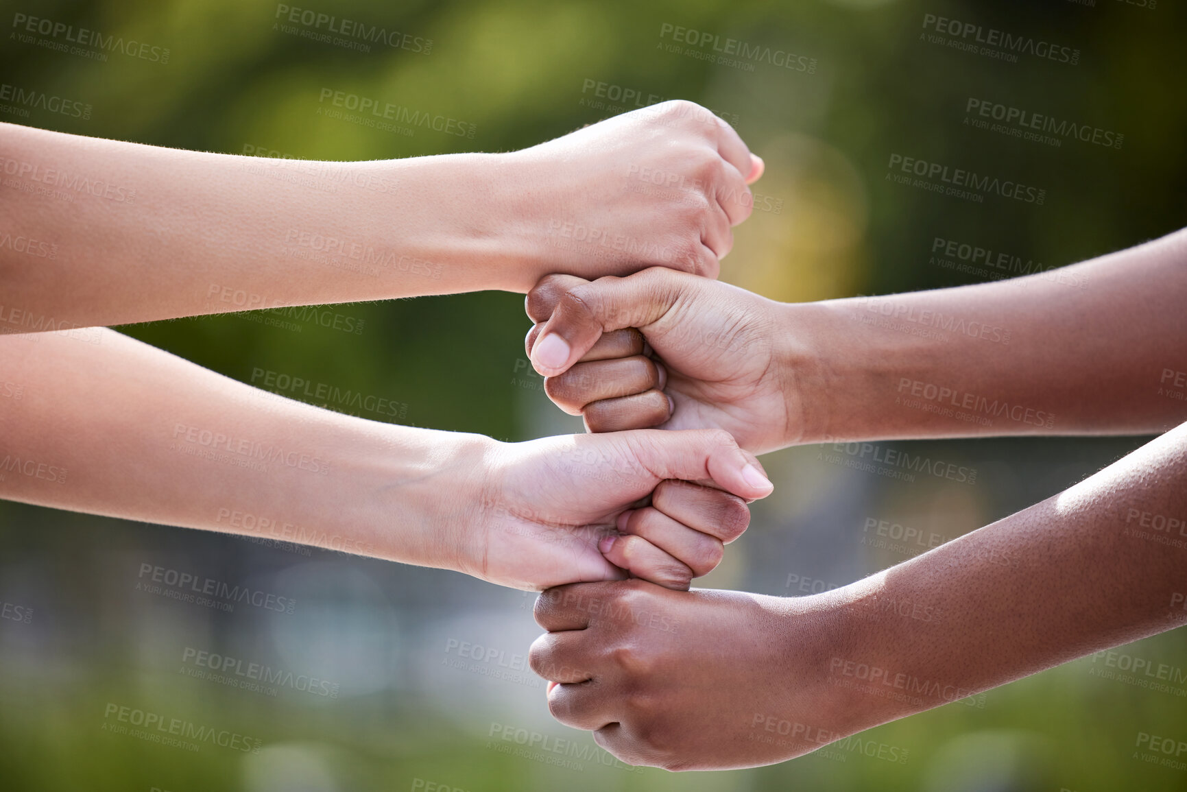 Buy stock photo Hands, fist and stack for diversity and collaboration, unity and community for partnership. Commitment, support and connection for business people, team work and vision or goals for company agreement