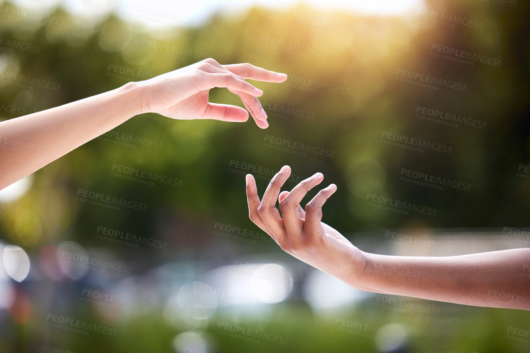 Buy stock photo Support, reaching and hands of people outdoor in park for community, friendship or togetherness. Closeup, helping and women with gesture for connection, compassion or solidarity with assistance