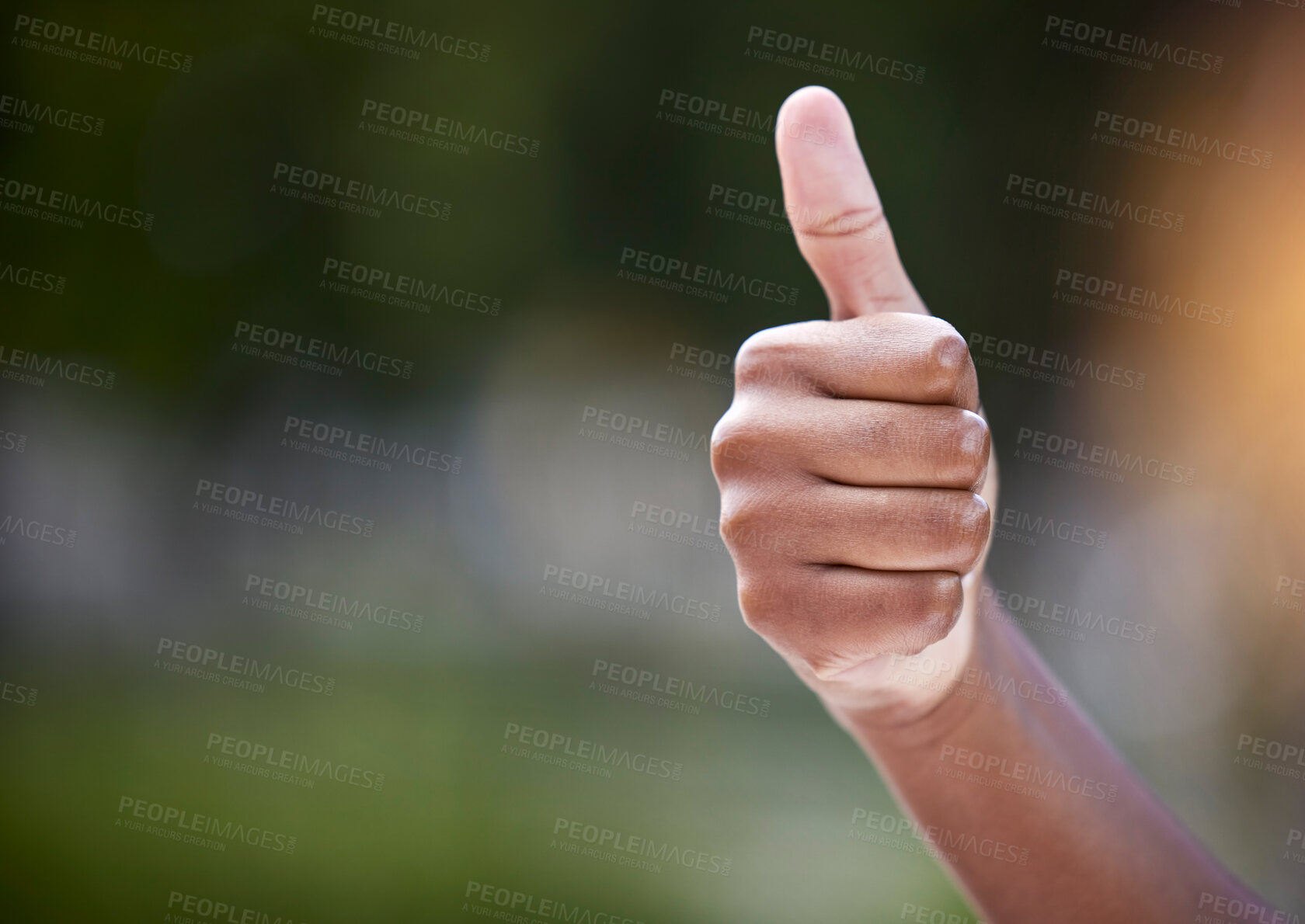 Buy stock photo Thumbsup, hand and gesture with person outside, growth and yes or good news for support or eco friendly approval. Thank you, emoji and agreement for company mission, goal and ok sign for effort