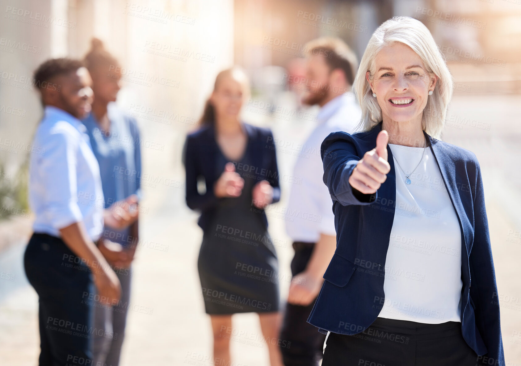 Buy stock photo Business, woman and thumbs up portrait or outside, leader and hand gesture for company mission with mature employee. Approval, good news and vision for work people, positive feedback and support