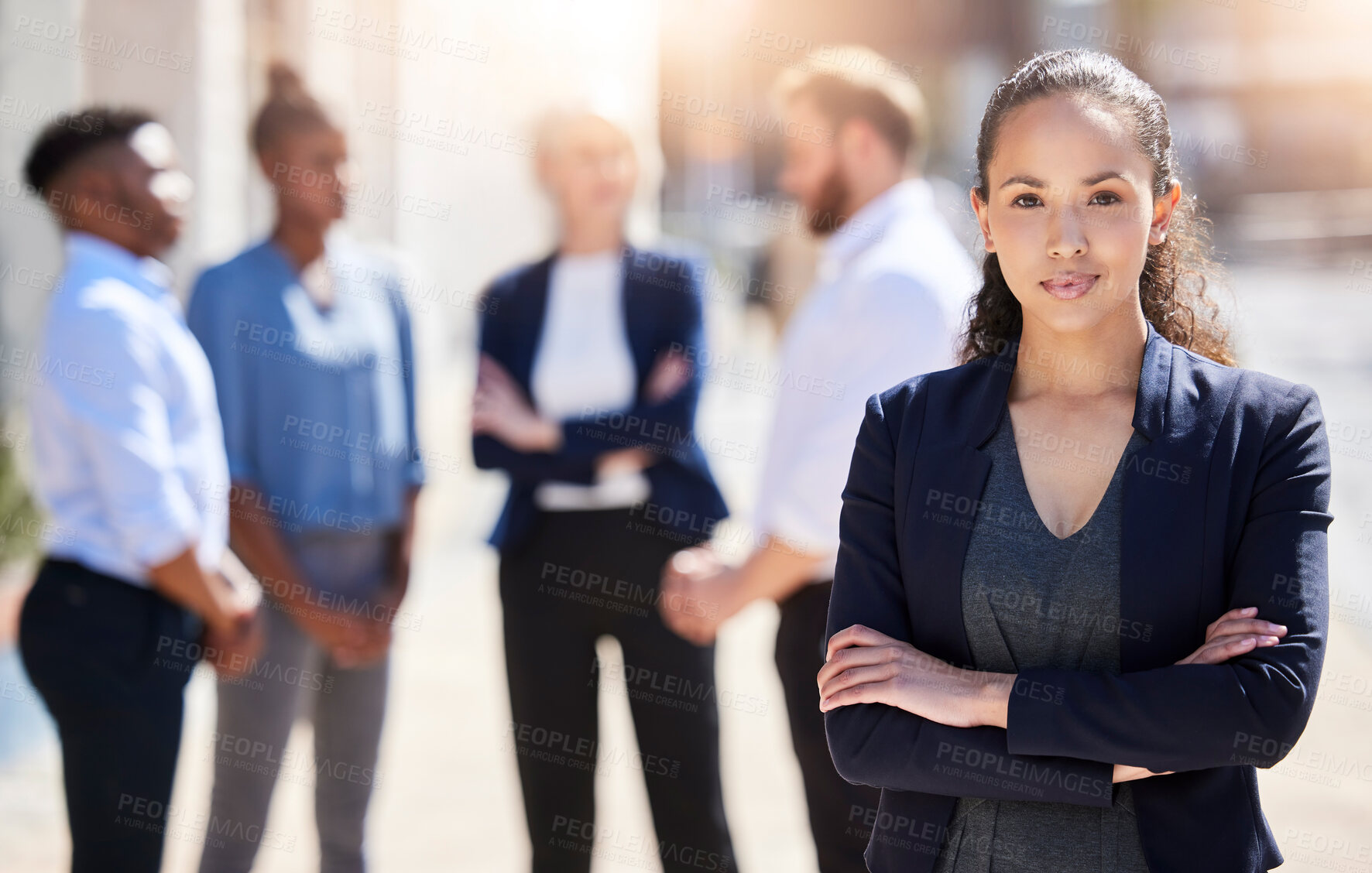 Buy stock photo Outdoor, lawyer and portrait of woman with arms crossed in city for justice, confidence or legal advice. Career, smile and corporate attorney with colleagues for advocate, positive or expert at court