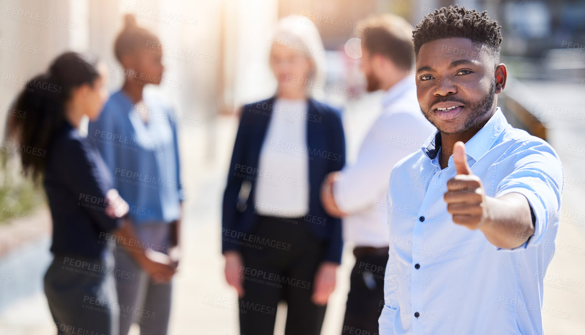 Buy stock photo Business, man and thumbs up portrait or outside, leader and hand gesture for company mission with happy employee. Approval, good news and emoji for work people, positive feedback and support