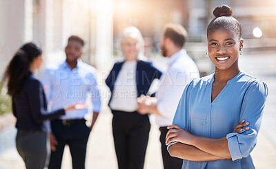 Buy stock photo Outdoor, lawyer and portrait of black woman with arms crossed in city for justice, confidence or legal advice. Lens flare, smile and attorney with colleagues for advocate, positive or expert at court