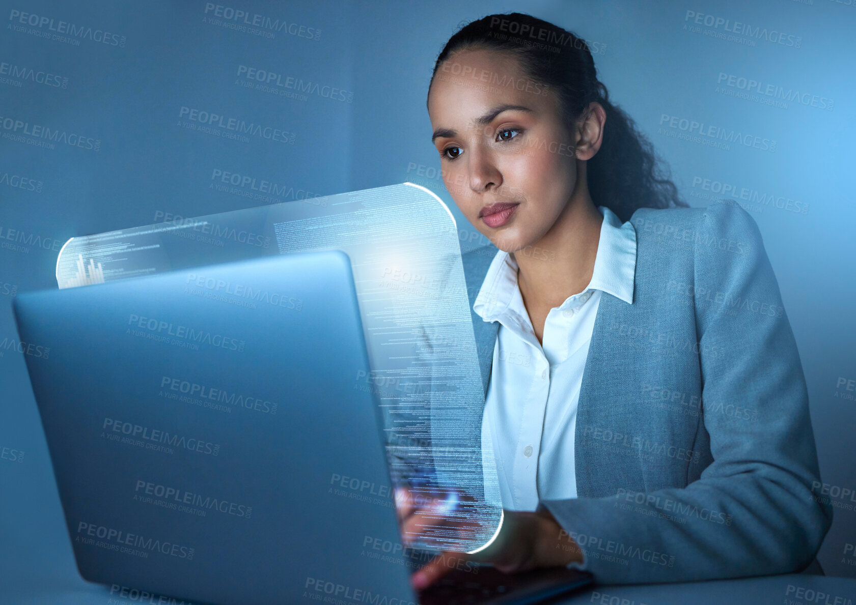 Buy stock photo Woman, laptop and hologram with coding in office, night and thinking with programming, ux and website. Person, developer and information technology with future, typing and digital transformation