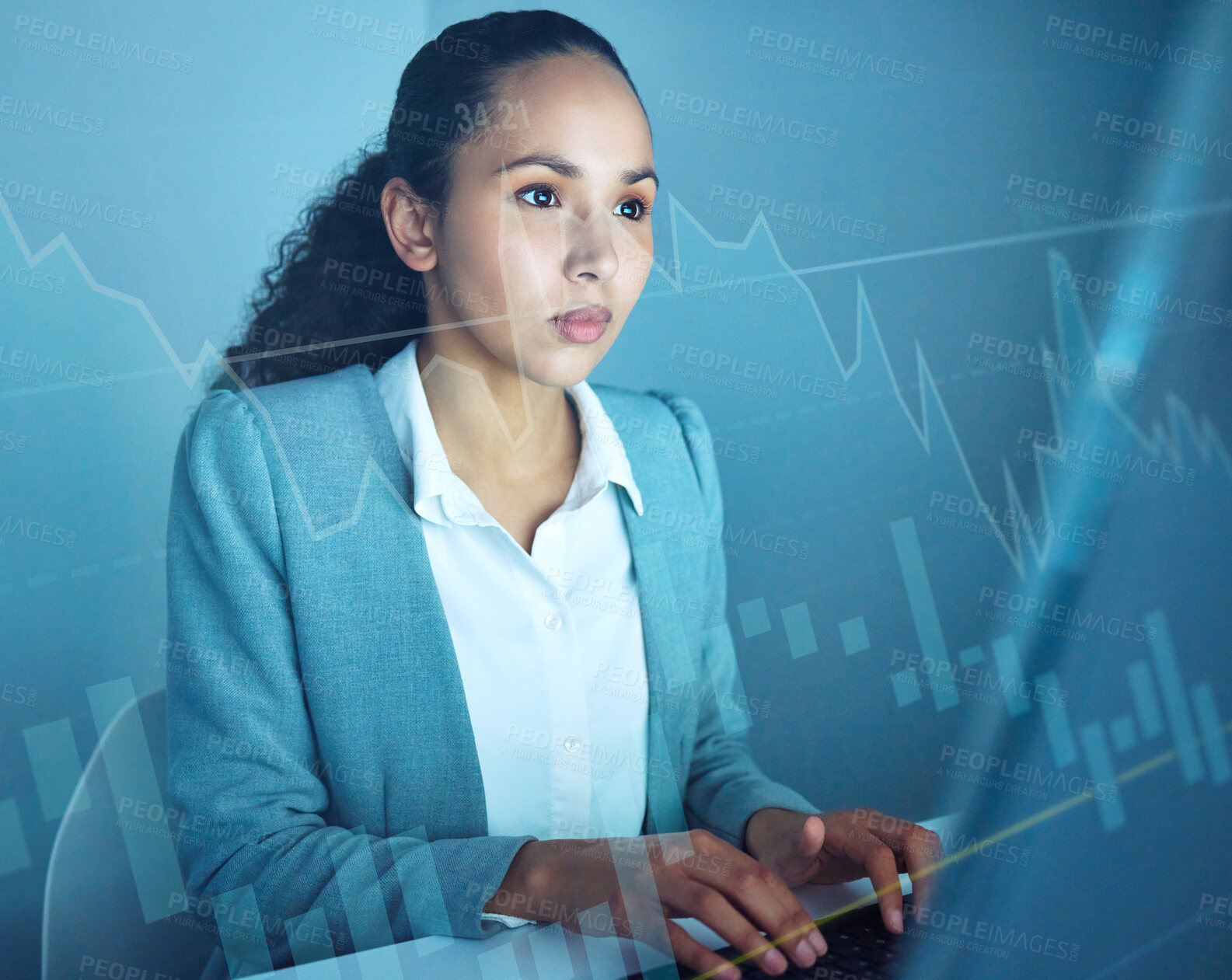 Buy stock photo Business woman, financial graphs and overlay in office for stock market research, results or digital analysis. Computer screen, data analytics and software information with analyst, thinking or ideas