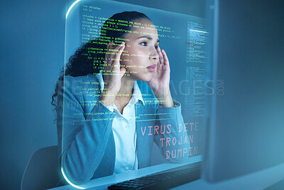 Buy stock photo Shot of an attractive young businesswoman sitting alone in the office and using a cgi screen