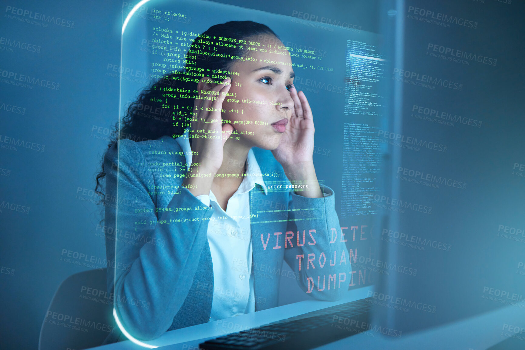 Buy stock photo Woman, thinking and hologram with coding for data analytics, virus issue and information technology. Programmer, solution and ideas for problem solving, cyber security or digital analysis in office