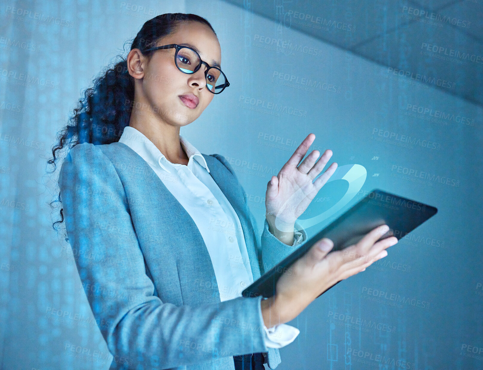 Buy stock photo Woman, tablet and hologram with overlay for futuristic career, machine learning or engineer with data. Female person, software and technology abstract with 3d for ai or programmer, web for automation