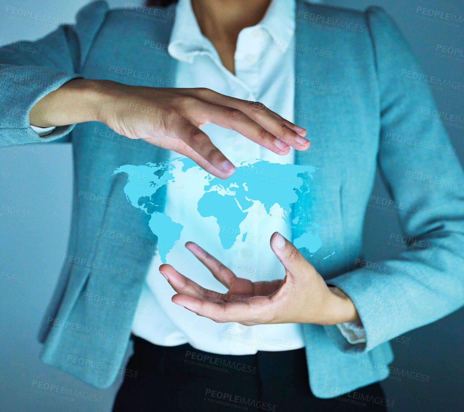 Buy stock photo Hands, hologram and person with earth, globe or map for connectivity, network or futuristic ux. Woman, planet and 3d display for digital transformation, cloud computing or big data in night at office