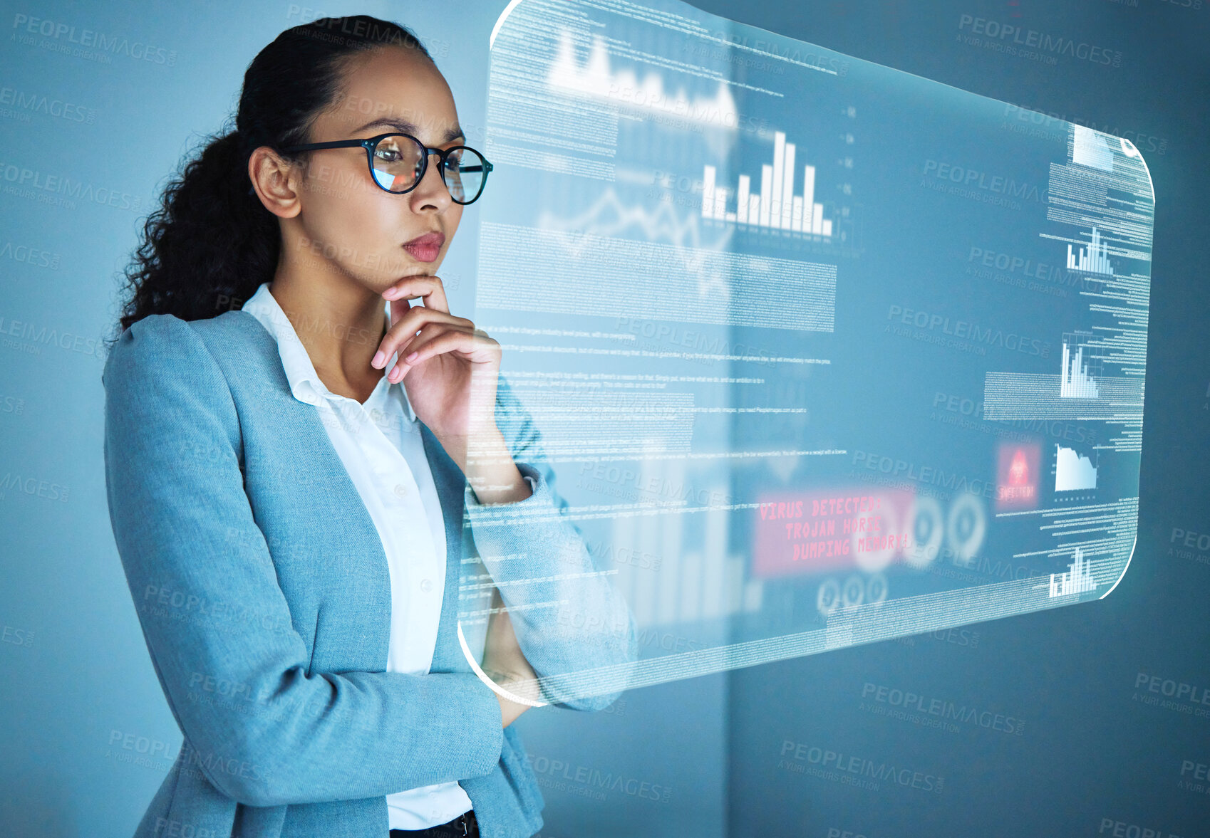 Buy stock photo Business woman, thinking and analytics hologram with overlay for financial review with charts and graph. Female person or ceo and glasses with futuristic interface for logistics on company budget