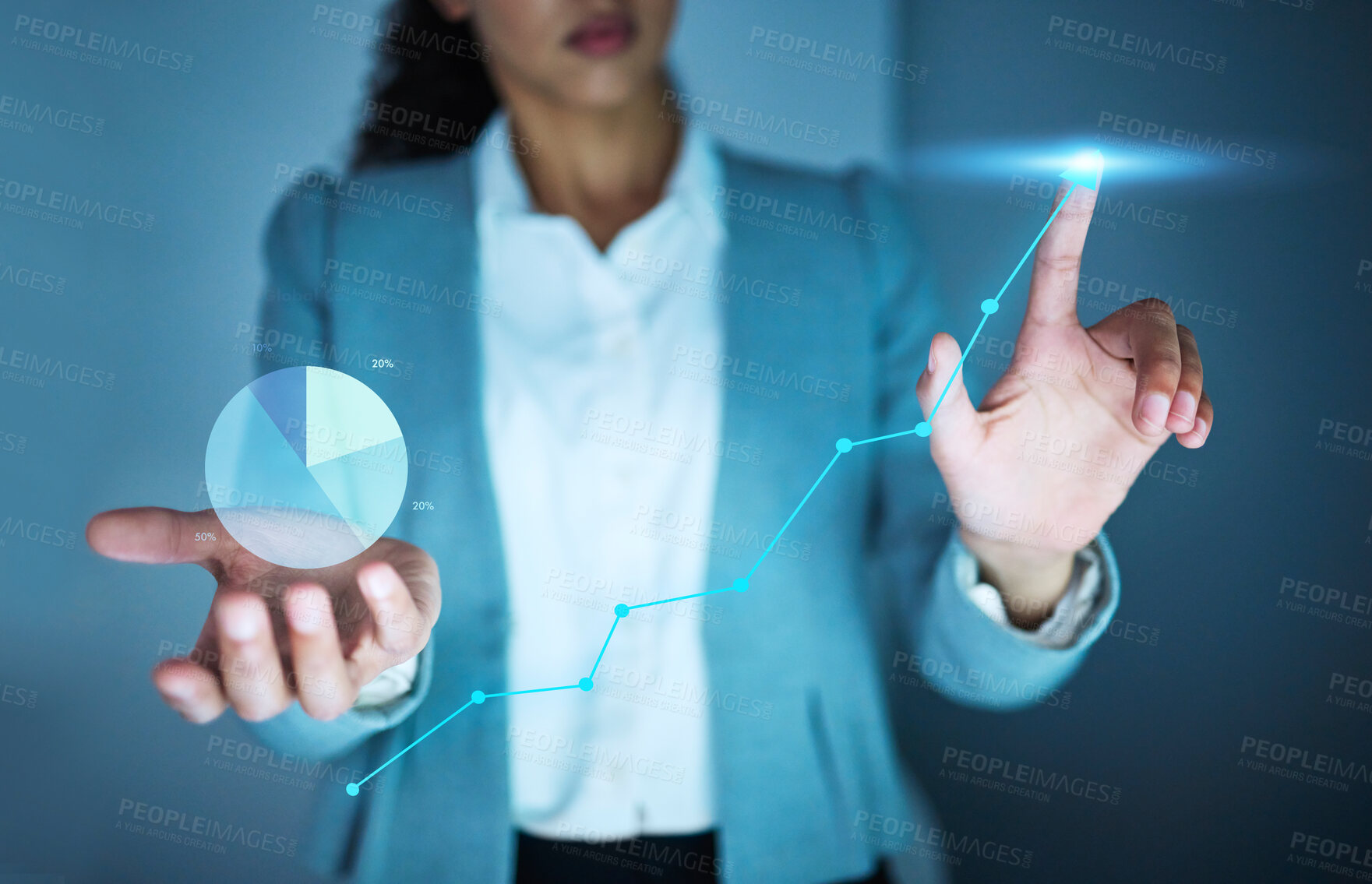 Buy stock photo Corporate woman, hand and chart hologram for data, networking and planning for business at night. Technology, web analysis and stock market development for digital, company and cloud computing 