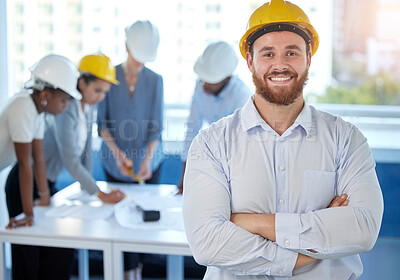 Buy stock photo Businessman, portrait and arms crossed for engineering with teamwork, construction meeting and solidarity in city office. Male manager, staff and pride for architecture with cooperation and blueprint