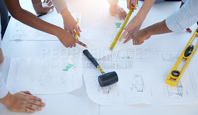 Buy stock photo Blueprints, hands and architect for top view and planning, meeting and design for construction. Teamwork, tools or logistics for building contractor and people, professional or illustration of plans