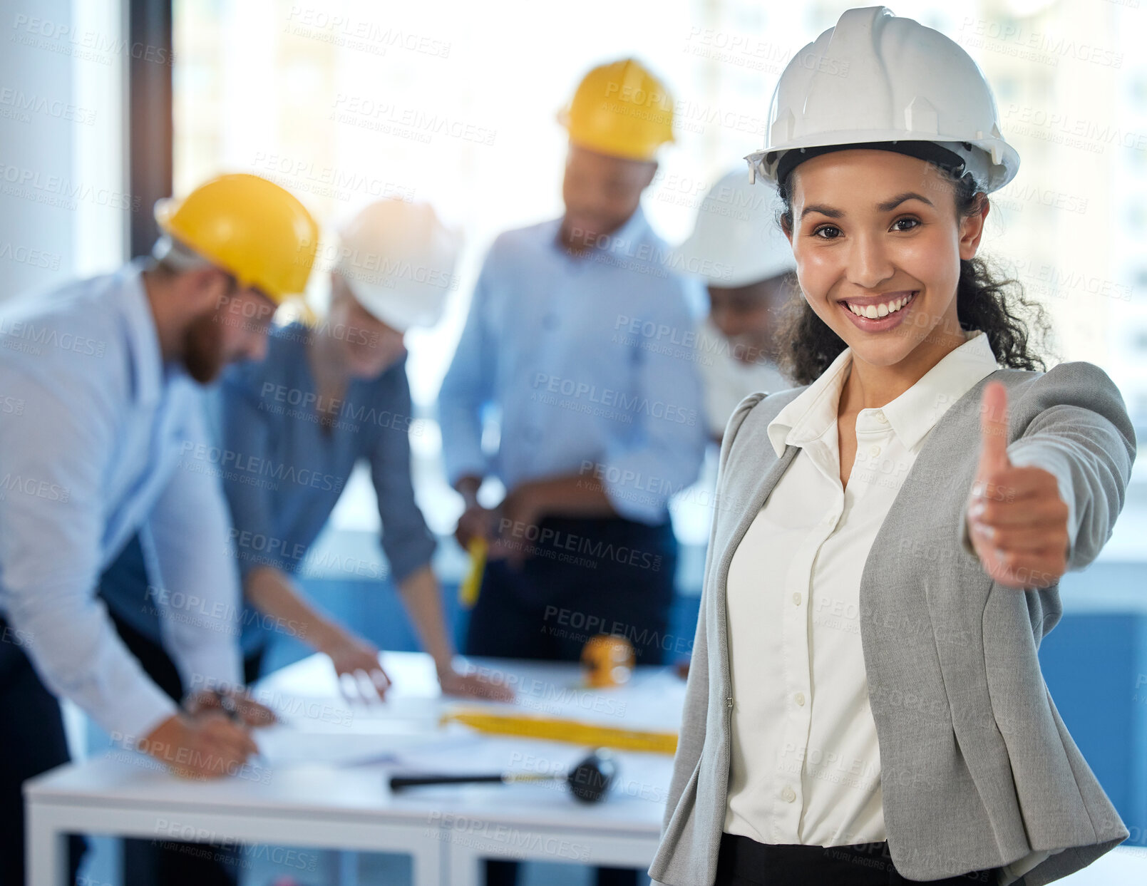 Buy stock photo Thumbs up, woman and architect with smile for yes, approval and go ahead at construction site. Female person, engineer and hand sign for consent, okay and happy with building team on worksite
