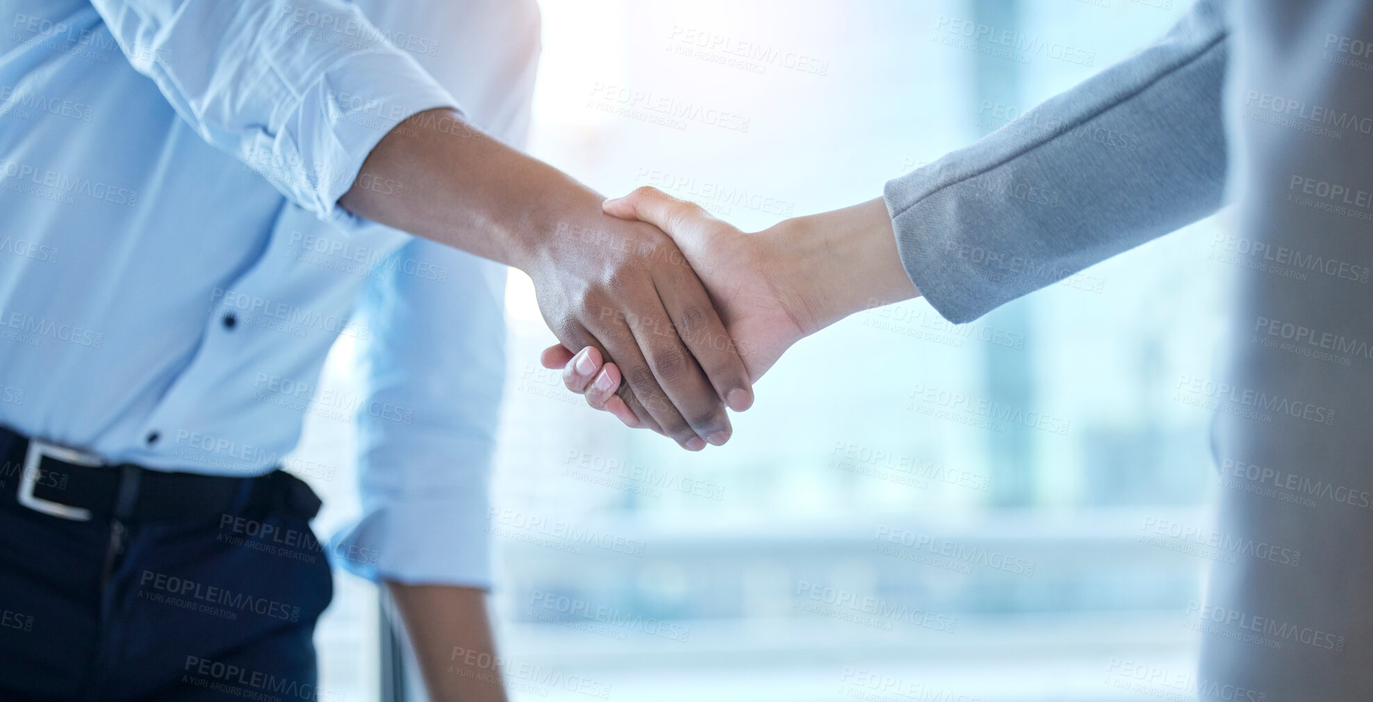 Buy stock photo Handshake, partnership and business people in office for welcome, achievement and job contract. Thank you, manager and worker for promotion or career opportunity with congratulations and b2b deal