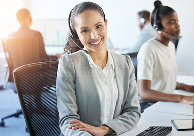 Buy stock photo Portrait, female agent and telemarketing in call center for communication, crm and consulting in office. Woman, telecommunication and happy for support with online advice, customer care and headset