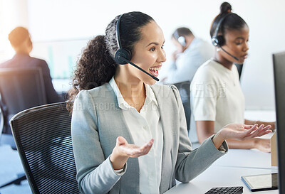 Buy stock photo Cropped shot of an attractive young female call center agent working in her office