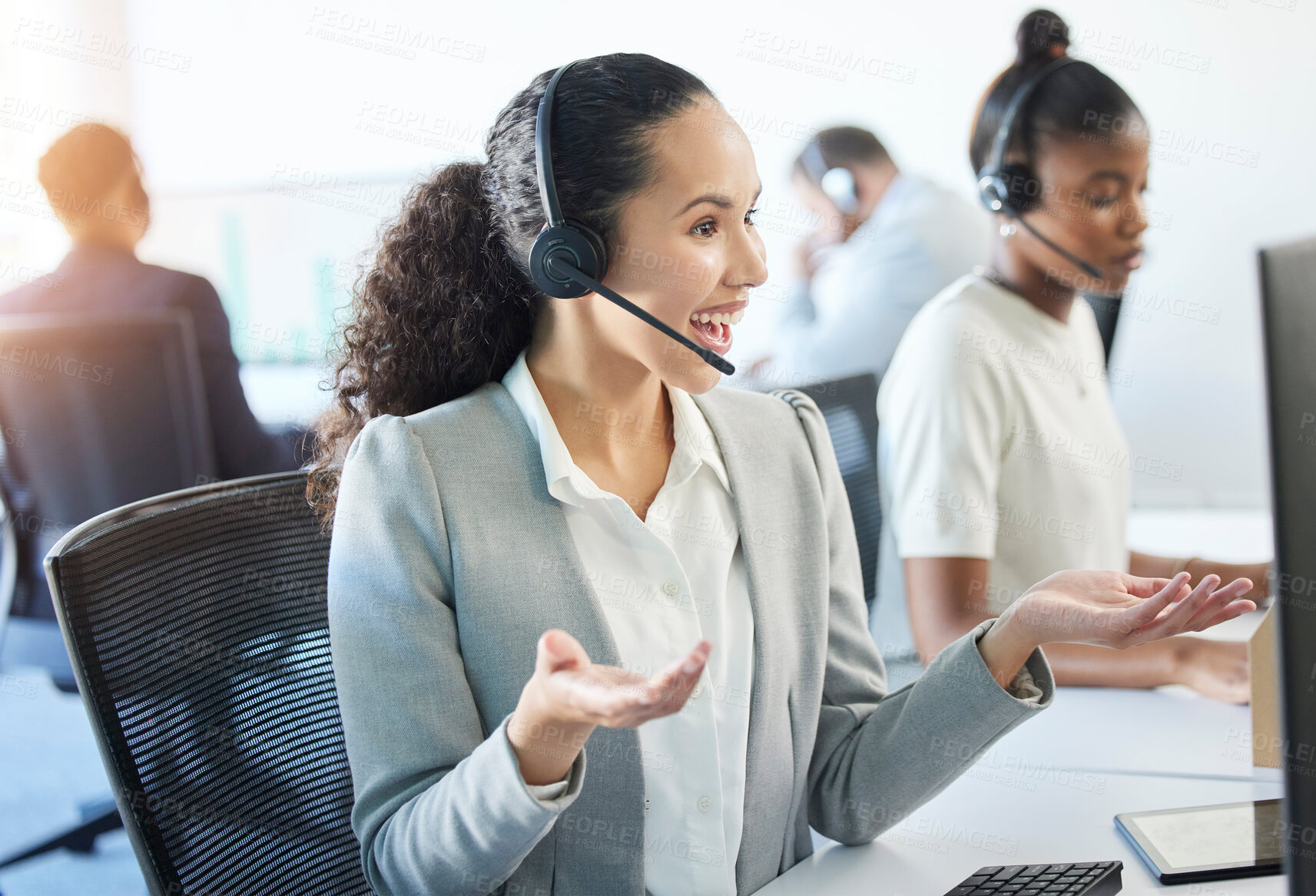 Buy stock photo Woman, smile and computer with microphone in office for support, call centre with staff in Africa. Female consultant, happy and help with headphones for telemarketing, service for debt review or loan