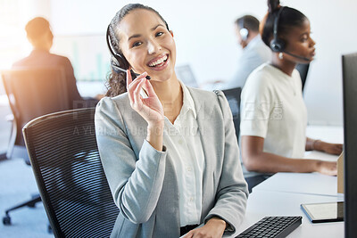 Buy stock photo Female agent, portrait and telemarketing in call center for communication, crm and consulting in office. Woman, telecommunication and happy for support with online advice, customer care and headset