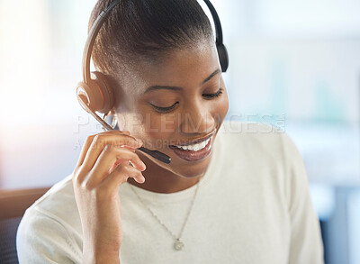 Buy stock photo Talking, black woman and telemarketing in call center for communication, crm or consulting in office. Female agent, telecommunication or happy for support with online advice, customer care or headset