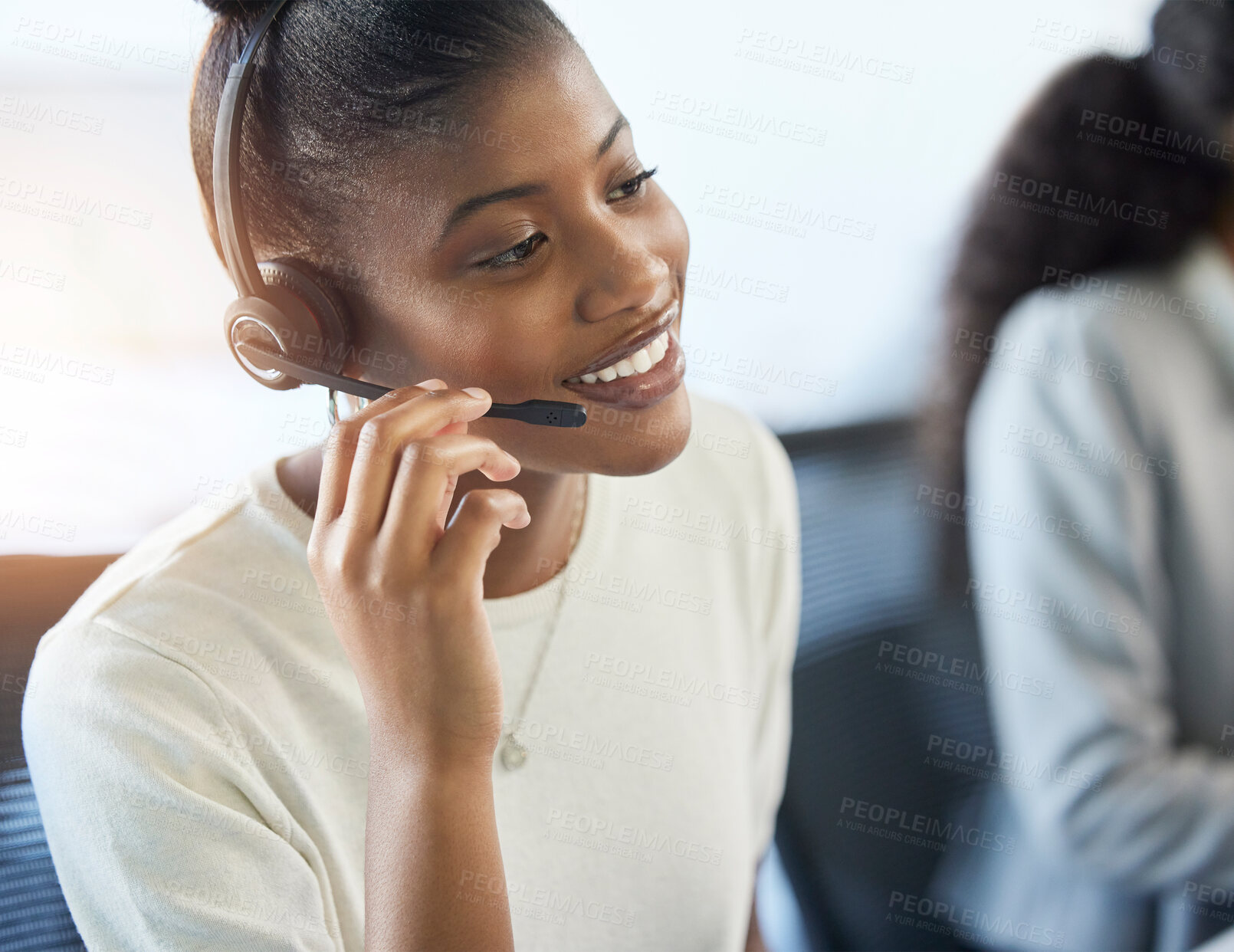 Buy stock photo Black woman, talking and telemarketing in call center for communication, crm or consulting in office. Female agent, telecommunication or happy for support with online advice, customer care or headset