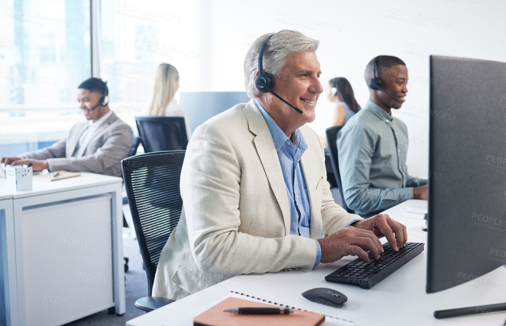 Buy stock photo Customer service, call center and mature businessman on computer for insurance claim, help and consulting. Corporate, office and person with headset for communication, crm support and telemarketing