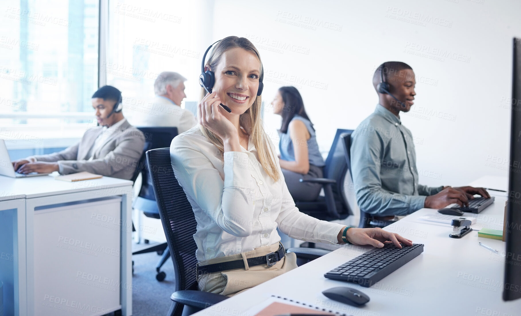 Buy stock photo Customer support, call center and portrait of woman on computer for insurance claim, sales and consulting. Corporate, office and person with headset for communication, crm service and telemarketing