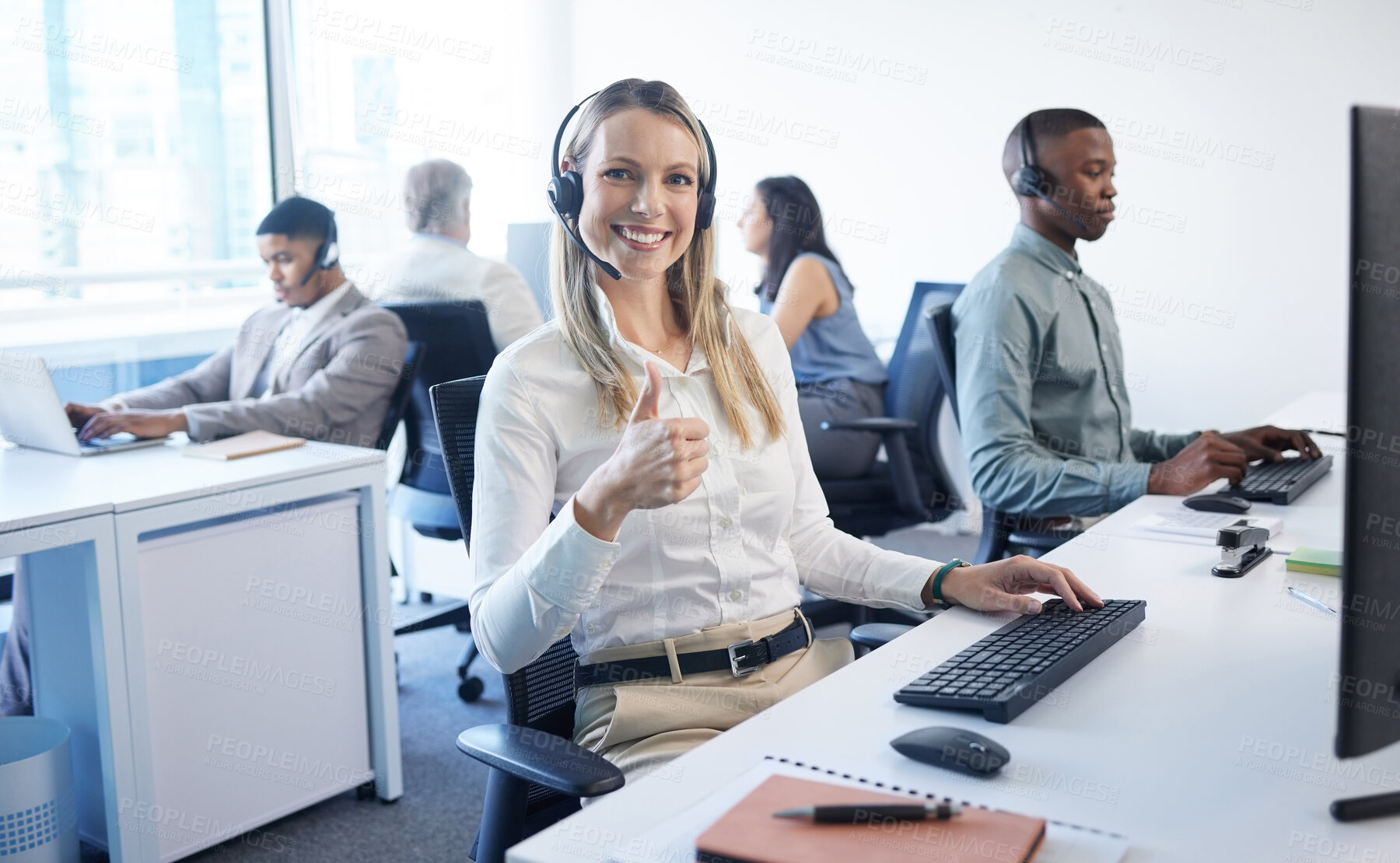 Buy stock photo Business woman, thumbs up and call center portrait with telecom, yes and crm success in office. Agent smile, customer service and like emoji with thank you for telemarketing, sales and online help