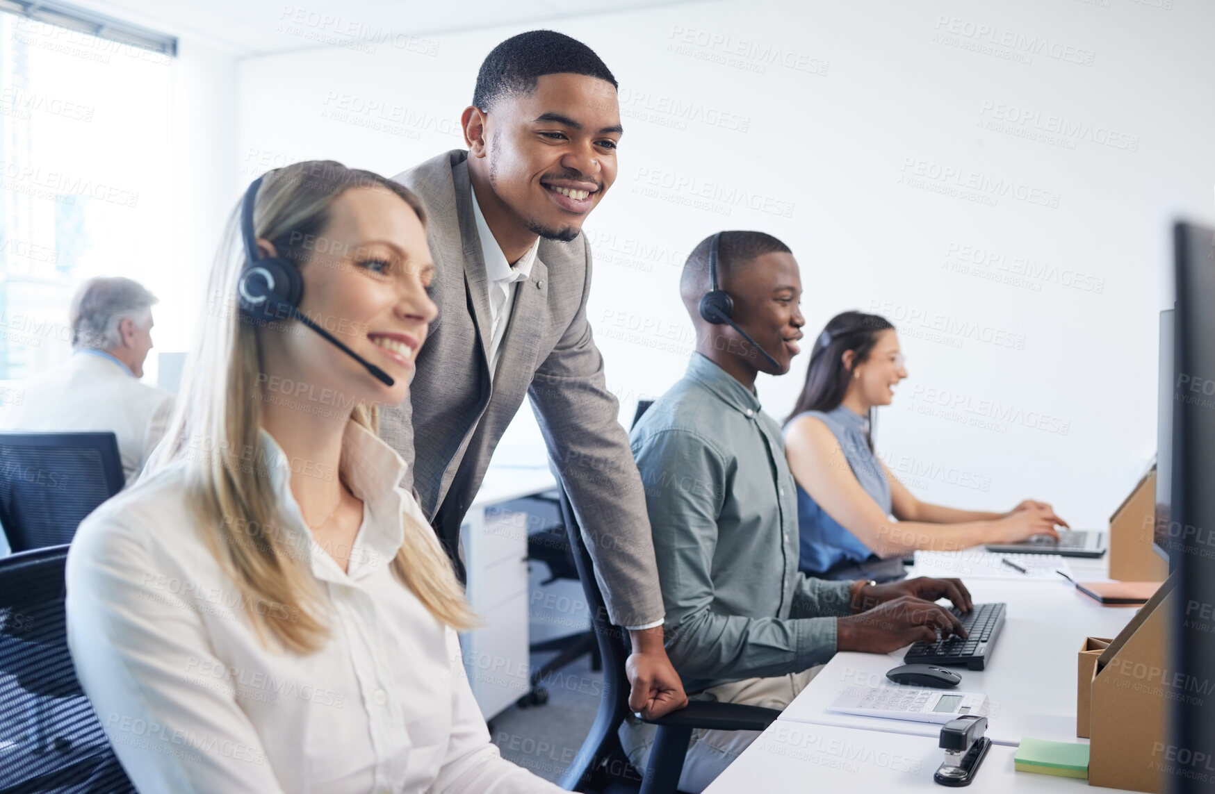 Buy stock photo Customer service, training and business people with smile by computer for telecom, review and learning. Office, headset and mentor with help to trainee for call center, telemarketing and solution