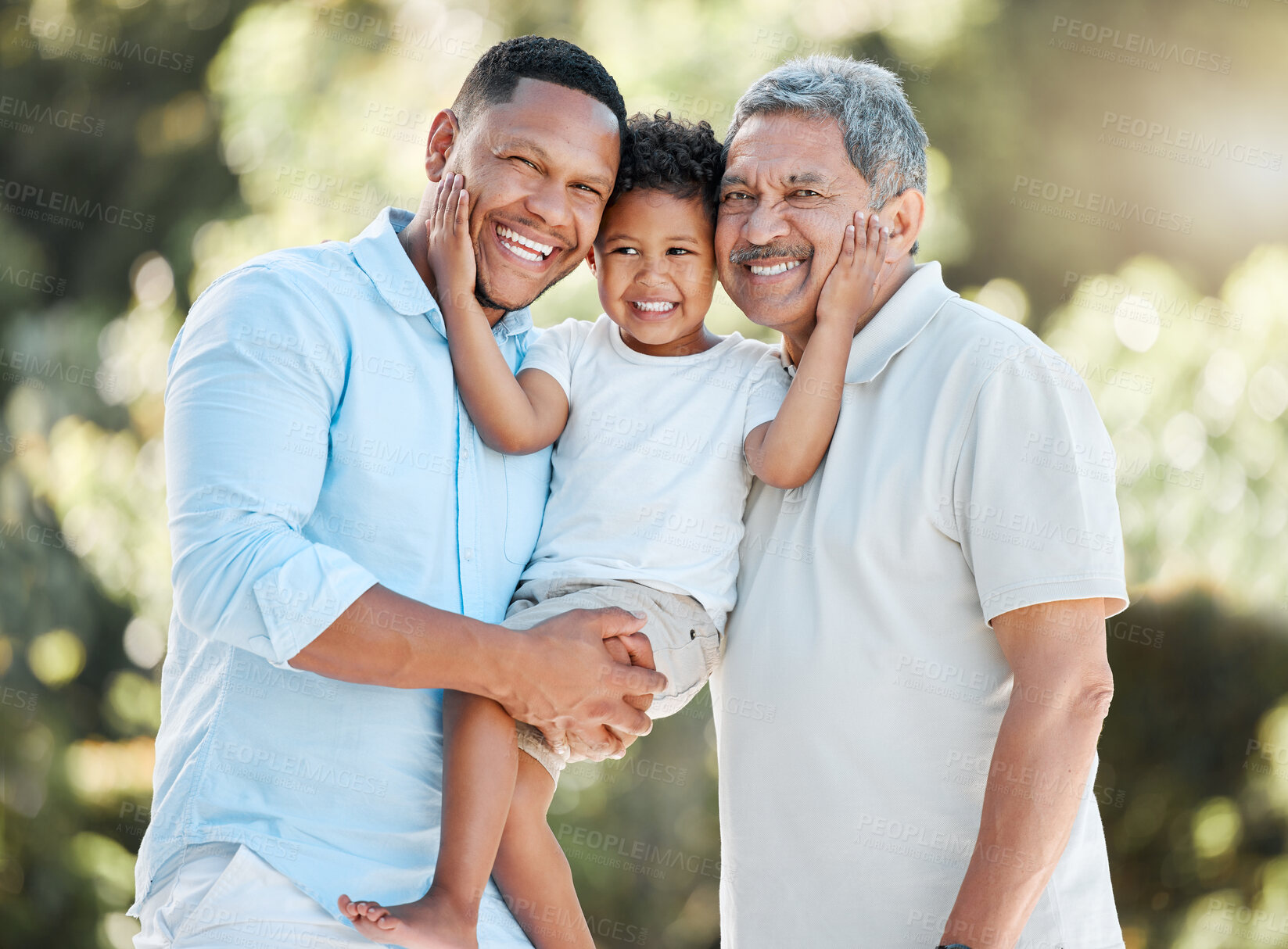 Buy stock photo Family, grandpa and dad in garden with child, hug and love at reunion with generations. Parents, portrait and kid in backyard for support, trust and relationship development with visit in Mexico