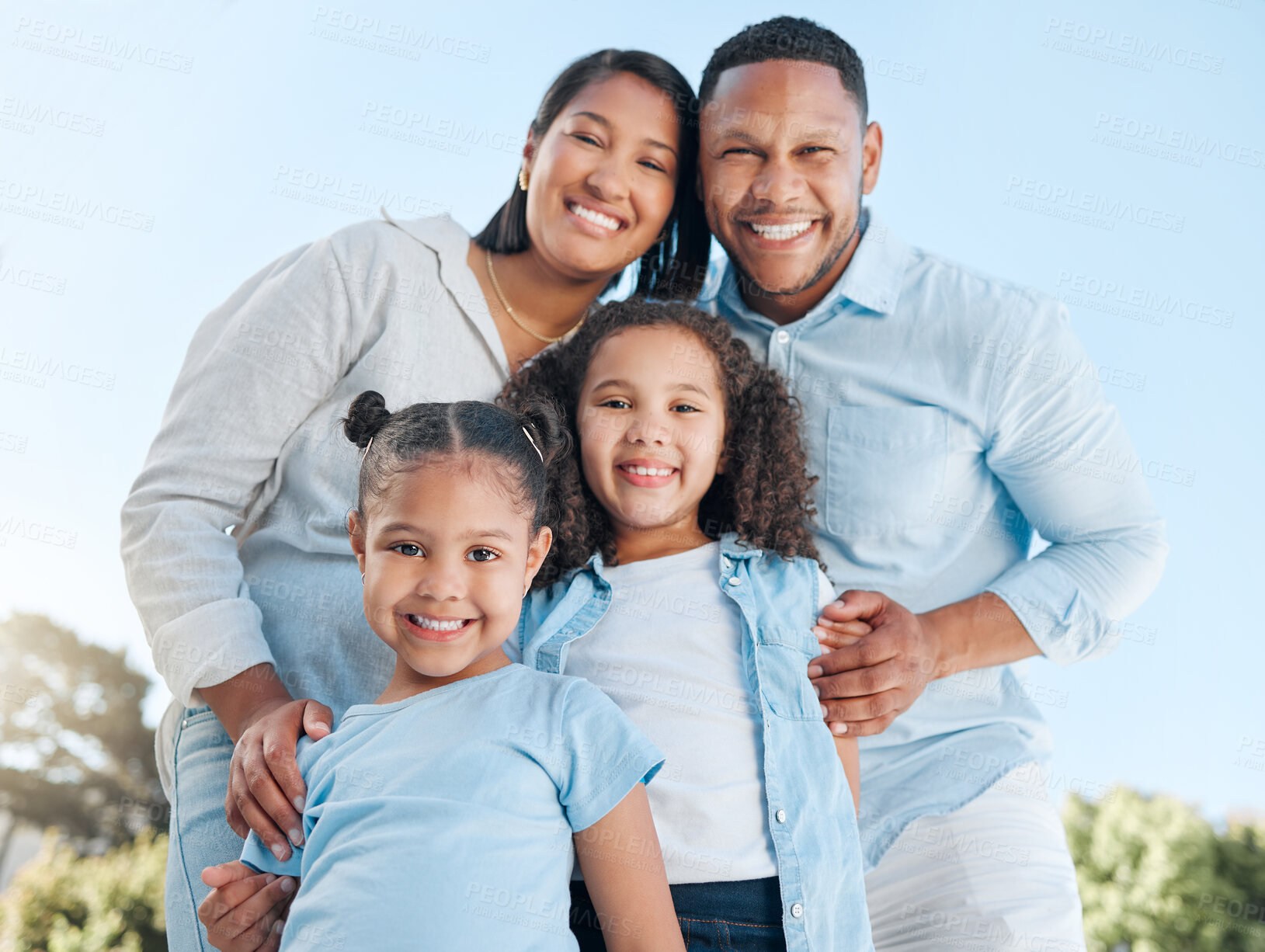 Buy stock photo Family, parents and kids in garden for portrait, happy memories and love in summer. Mother, father or children in nature for travel, holiday and support on vacation for care in relationship in Mexico