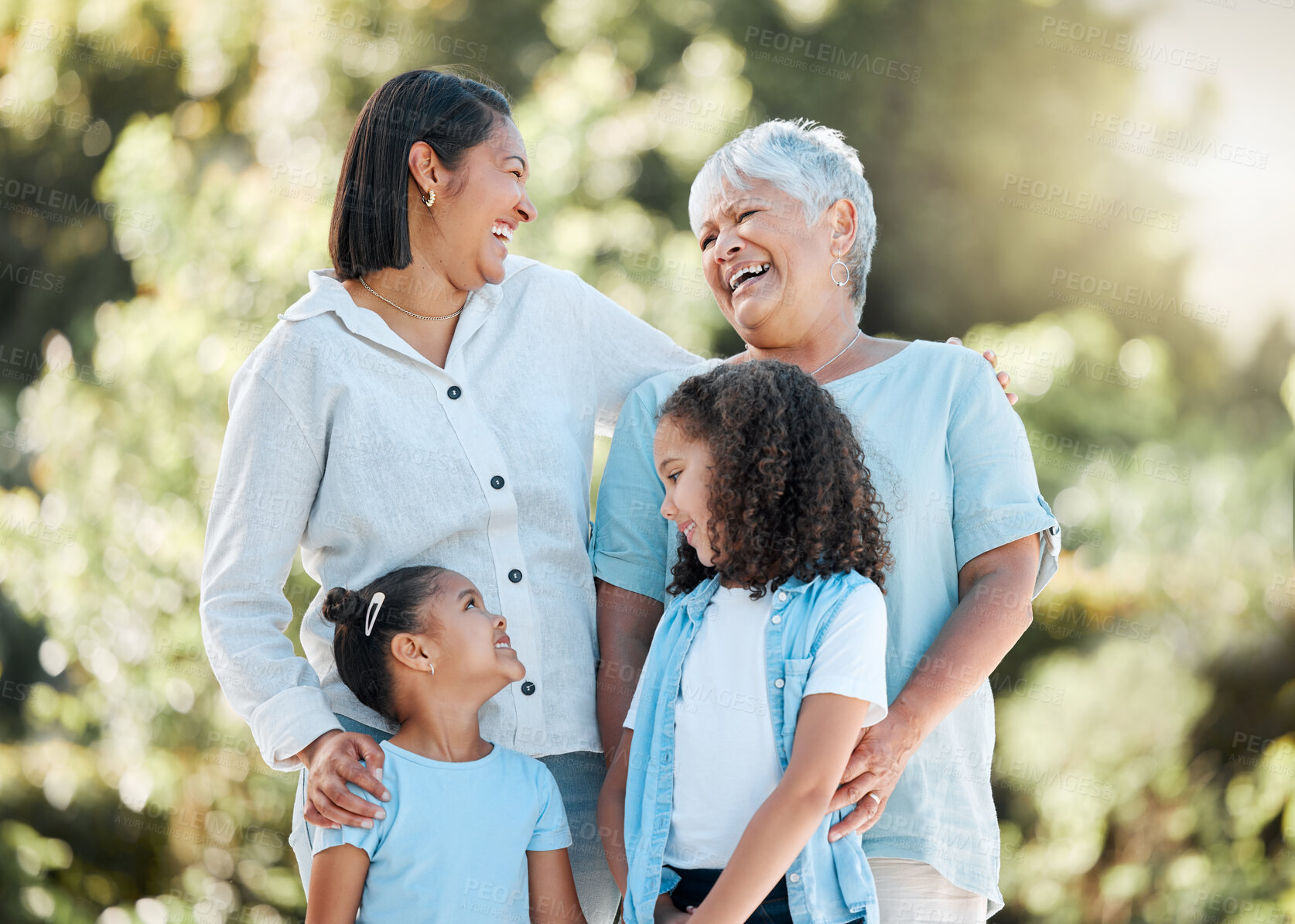 Buy stock photo Mother, grandma and laugh in garden with kids, happy family and love in summer. Generations, children and joke in backyard with visit, relationship development and support at reunion in Colombia