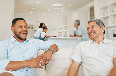 Buy stock photo Happy man, bonding and senior dad in home for funny joke in living room on house sofa. Parent, mature father and son on couch to relax and chill together in family for wellness with support.