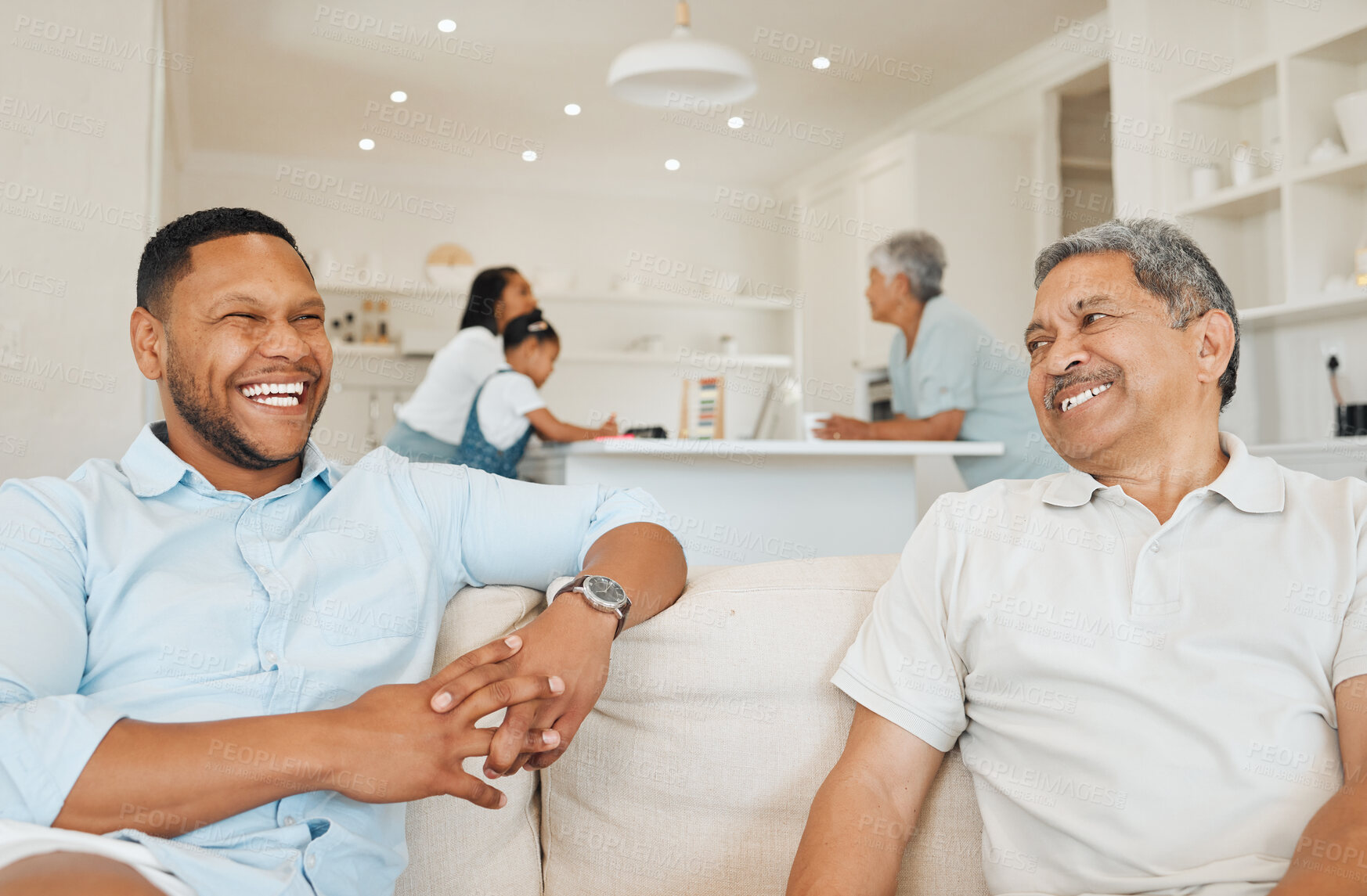 Buy stock photo Happy man, bonding and senior dad in home for funny joke in living room on house sofa. Parent, mature father and son on couch to relax and chill together in family for wellness with support.