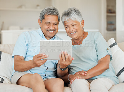 Buy stock photo Technology, married couple with tablet and smile on couch in living room of their home. Connectivity, social networking and happy with elderly people on couch streaming a movie on sofa in house