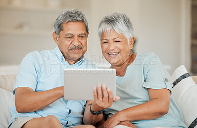 Buy stock photo Technology, senior and couple with tablet happy on sofa in living room of their home. Connectivity or social networking, cheerful and smile with married people on couch streaming movie for retirement