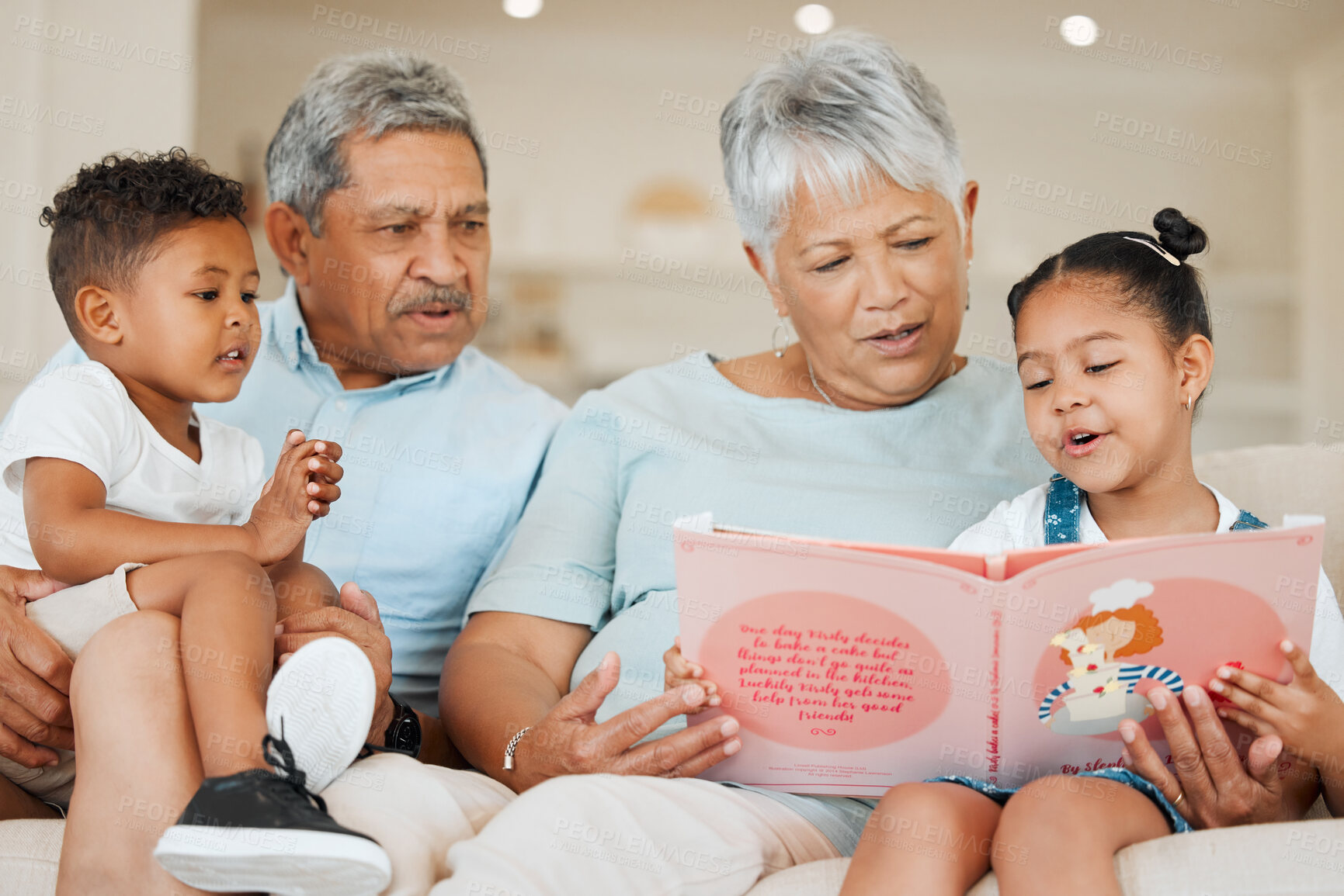 Buy stock photo Reading, book and children as grandparents, bonding together and happy in family home or lounge. Senior people, grandkids and smile in living room with education for growth, support and development