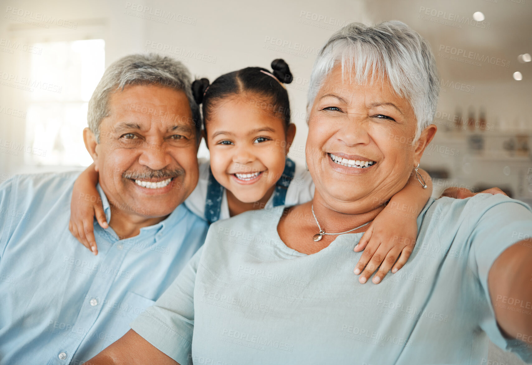 Buy stock photo Selfie, love and grandparents with a girl, home and happiness with joy, loving and relax. Portrait, old man or elderly woman with female grandchild, smile or family with retirement, break or vacation