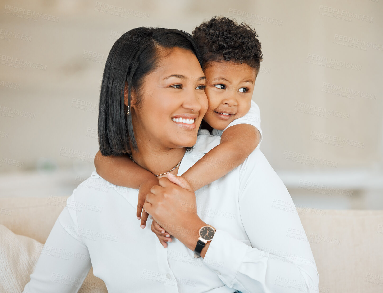 Buy stock photo Sofa, mother and child with smile for hug, connection and bonding together with happiness on weekend. Family, mama and boy at home for love embrace, security and parenting on couch in living room