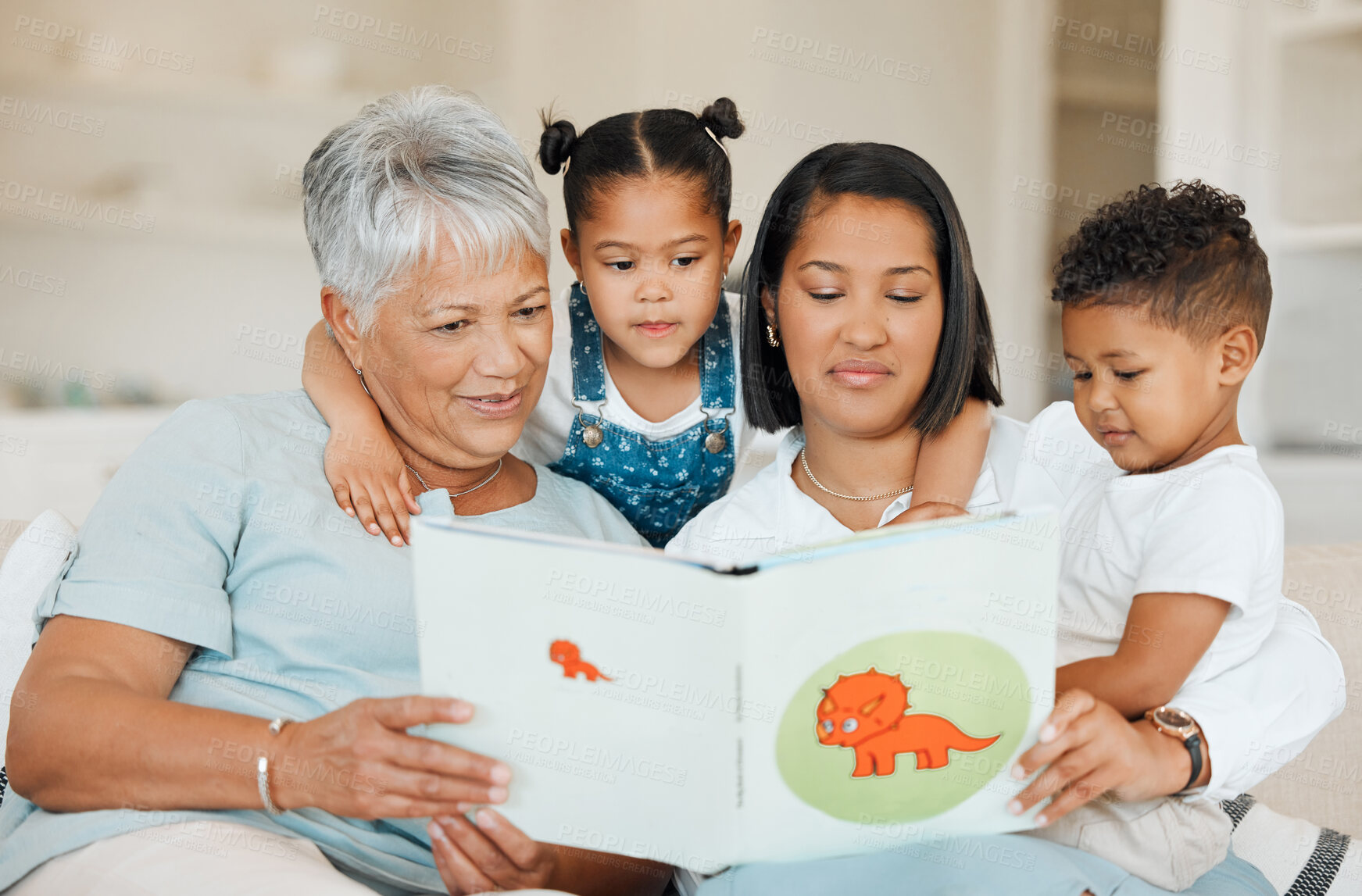 Buy stock photo Reading book, happy children and grandparents with mother for bonding in family home or lounge. Women, kids and learning in living room for education, love and care in growth, support and development