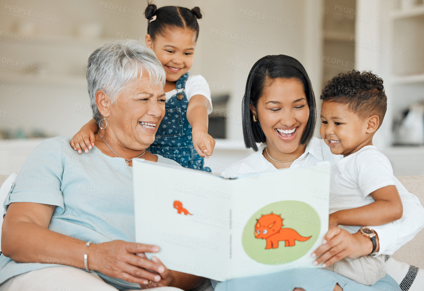 Buy stock photo Reading book, happy kids and grandparents with mother for bonding in family home or lounge. Women, children and learning in living room for education, love and care in growth, support and development