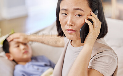 Buy stock photo Shot of a woman talking on the phone after taking her child's temperature